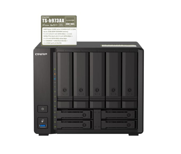 Qnap TS-h973AX 9-Bay NAS AMD Ryzen™ Embedded V1500B quad-core eight threads 2.2 GHz processor 32G Hot-swappable 2 x2.5GbE 1x10GBASE-T 4xUSB3.2 3YR WTY