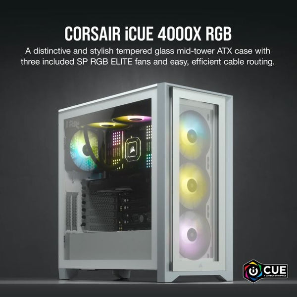 Corsair Carbide Series 4000X RGB E-ATX, ATX, Tempered Glass Front & Side. White,3x 120mm RGB Fans pre-installed. USB 3.0 and Type-C x 1. PCI 7+2, Case