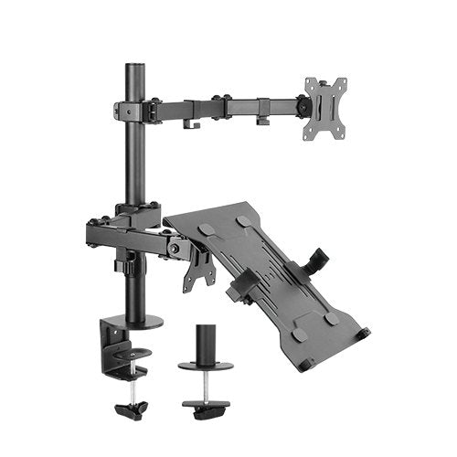 Brateck Economical Double Joint Articulating Steel Monitor Arm with Laptop Holder Fit Most 13'-32' Monitors, Up to 8kg/Screen VESA 75x75/100x1009