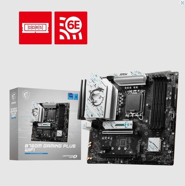 MSI B760M GAMING PLUS WIFI  ATX Motherboard, 4x DDR5~192GB, 5x PCI-E x 16, 2x M.2, 4x SATA, 2x USB 3.2 , 4x USB 2.0  1 USBx C