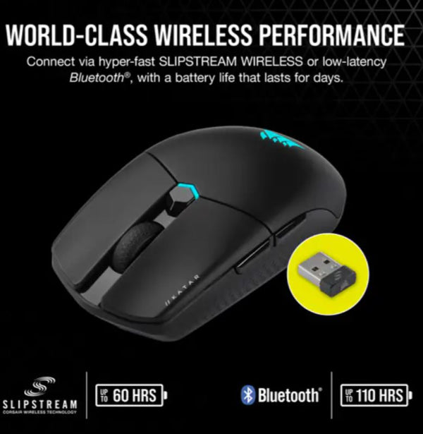 Corsair Katar Elite Wireless, Ultra Light Compac 63g, Slipstream & Bluetooth RGB, ICUE, Quik Strike, 26k DPI, symetric, 128Bit Encrption Gaming Mice