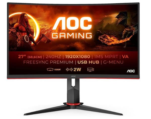 AOC 27' Curved 0.5ms 240Hz FHD 1920 x 1080, 1500R, FreeSync, HDR Mode, Ultra Narrow Border  Gaming Monitor w/HAS - DP/HDMI, VESA100 (LS)