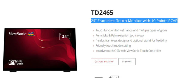 ViewSonic 24' TD2465 10 Points PCAP POS, Retail, Mining. Wet & Multi-Glove high-sensitive Projective Capacitive. Commercial and Industrial monitor