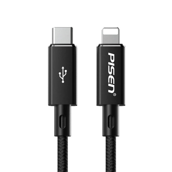 Pisen Braided Lightning to USB-C PD Fast Charge Cable (1M) Black - Support 3A, Anti-Breaking, Reinforced & More Durable, Apple iPhone/iPad/MacBook