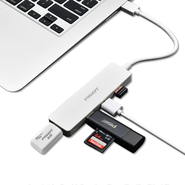 Pisen USB-C to 4xUSB-A 3.0 Charging HUB - TPE Flexible Wire, Light Indicator, Resistant to Pulling and Bending, More Durable, High-Speed Transmission