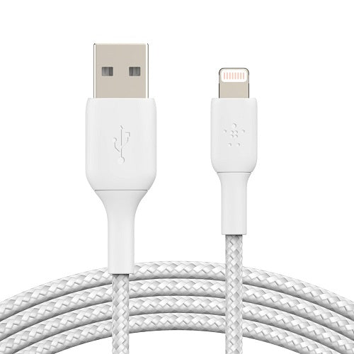 Belkin BoostCharge Braided Lightning to USB-A Cable (1m/3.3ft) - White (CAA002bt1MWH), 480Mbps, 10K+ bend, Apple iPhone / iPad / Macbook, 2YR