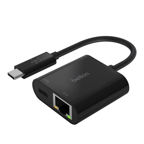 EOL Belkin USB-C to Ethernet + Charge Adapter - Black(INC001btBK), Power Delivery up to 60W, Use With Network Speeds up to 1000 Mbps,2YR