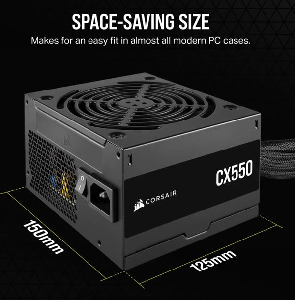 Corsair CX550 550W, 80 PLUS Bronze Certified, Up to 88% Efficiency,  Compact 125mm design easy fit and airflow, ATX PSU 2023