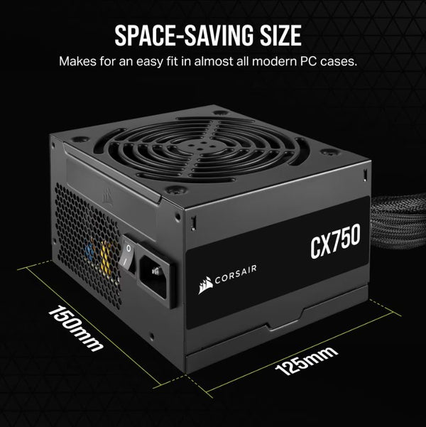 Corsair CX750 750W, 80 PLUS Bronze Certified, Up to 88% Efficiency,  Compact 125mm design easy fit and airflow, ATX PSU 2024