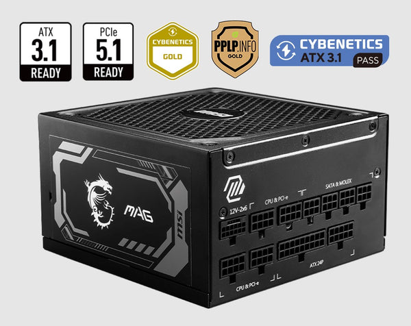 MSI MAG A1000GL PCIE5 ATX Power Supply Unit, 80 PLUS Gold, Fully modular flat cables, 0 RPM Mode, Active PFC design