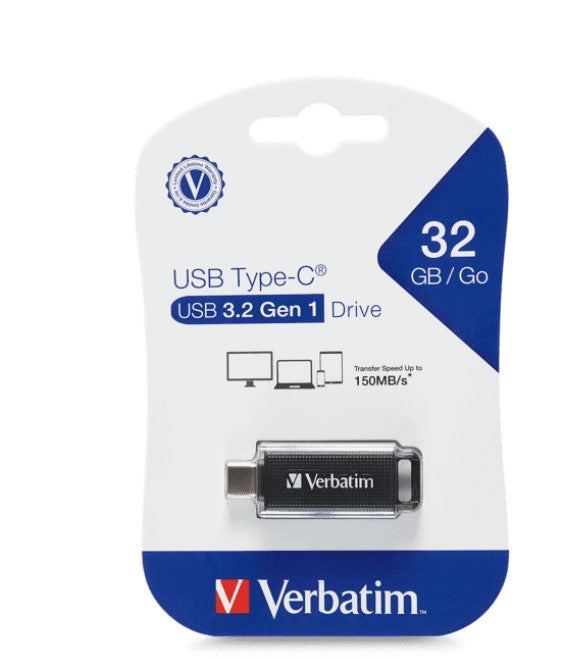 Verbatim Type-C USB 3.2 Gen 1 Flash Drive 32GB - Black Retail Pack 70903 Ultra Fast Transfer, Compact and Light weight design