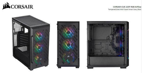 Corsair iCUE 220T RGB Airflow Smart ATX, mATX, Mini-ITX Case, 3x SP120 Fan, Lighting Node Core  - Black. 2 Years Warranty. (LS)