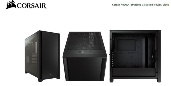 Corsair Carbide Series 4000D Solid Steel Front ATX Tempered Glass Black, 2x 120mm Fans pre-installed. USB 3.0 x 2, Audio I/O. Case (LS)