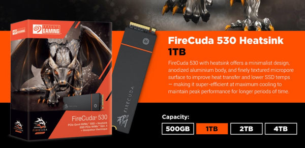 Seagate 1TB Firecuda 530 HS Gen4 M.2 2280 NVMe 1.4 PCIe Gen4, Read up to 7,300MB/s, Write up to 6,000MB/s, Random R/W 800K/1,000K IOPS, PS5 SSD