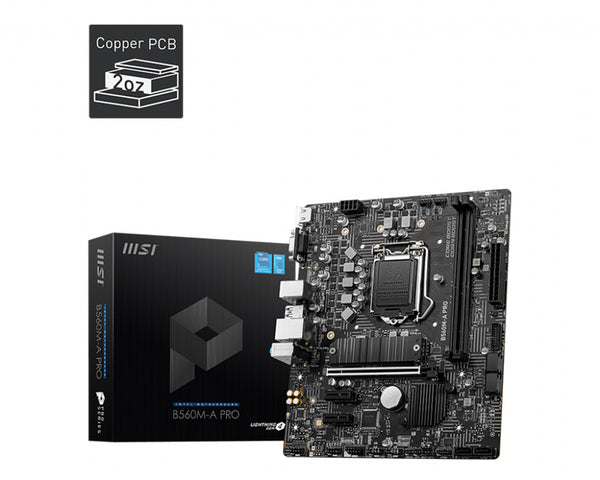 MSI B560M-A PRO Intel mATX Motherboard, 2x DDR4 ~64GB, 1x PCI-E x16, 2x PCI-E x1, 6x SATAIII, 1x M.2, 4x USB 3.2, 2x USB 2.0