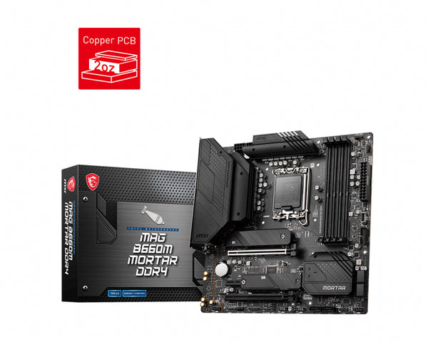 MSI MAG B660M MORTAR DDR4 Intel LGA 1700 mATX Motherboard, 4x DDR4 ~128GB, 2x PCI-E x16, 1x PCI-E x1, 2x M.2, 6x SATA, 1x USB-C. 3x USB 3.2, 4x USB 2