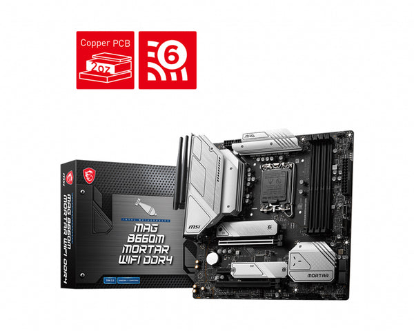 MSI MAG B660M MORTAR WIFI DDR4 Intel LGA 1700 mATX Motherboard, 4x DDR4 ~128GB, 2x PCI-E x16, 1x PCI-E x1, 2x M.2, 6x SATA, 1x USB-C, 3x USB 3.2