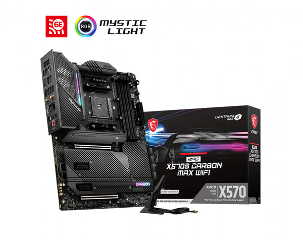 MSI MPG X570S CARBON MAX WIFI AM4 ATX Motherboard, 4x DDR4 ~ 128GB, 2x PCI-E x16, 2x PCI-E x1, 8x SATAIII, 4x M.2, RAID 0/1/10, 1x USB-C, 7x USB 3.2