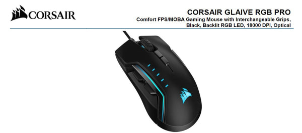 Corsair Gaming GLAIVE PRO RGB Gaming Mouse - Black, Backlit RGB LED, 18000 DPI, Optical, CUE Software, Changeable Thumb Grips.