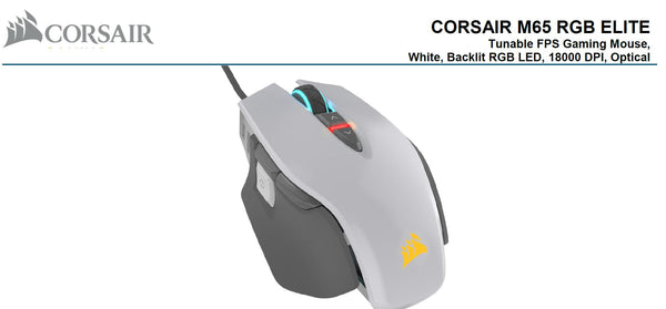 Corsair M65 RGB ELITE Tunable FPS Gaming Mouse White with Black, 18000 DPI, Optical, iCUE Software.