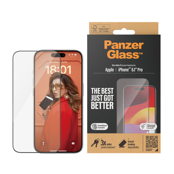 PanzerGlass Apple iPhone 15 Pro (6.1') Screen Protector Ultra-Wide Fit - Clear (2810), Scratch & Shock Resistant,Drop Protection,Diamond Strength, 2YR