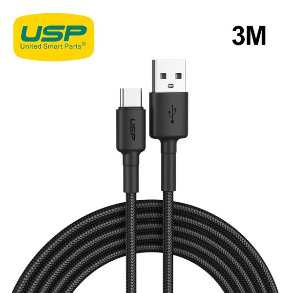 USP BoostUp USB-C to USB-A Cable (3M) Black - 3A Fast and Safe Charge,Durable,Nylon Weaving,Samsung Galaxy,Apple iPhone,iPad,MacBook,Google,OPPO,Nokia