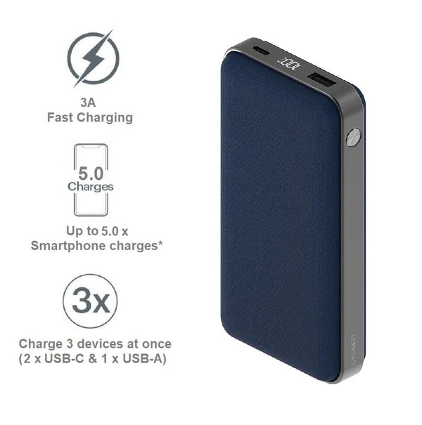 [LS] Cygnett ChargeUp Reserve 2nd Gen 20K mAh Power Bank-Blue(CY3705PBCHE),Triple Port(1xUSB-C 30W,1xUSB-C 15W,1xUSB-A 18W),Total 30W,40cm USB-C Cable