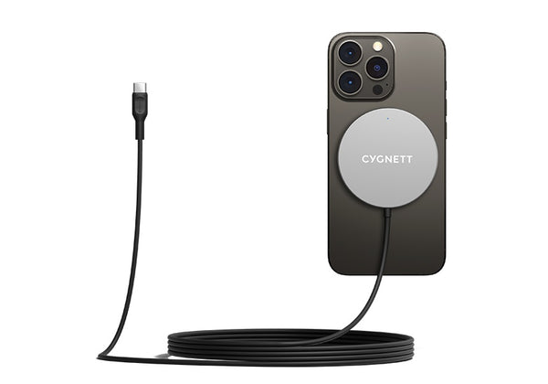 Cygnett MagCharge Magnetic Wireless Charging Cable (2M) - Black (CY3759CYMCC), Supports Qi Wireless Charging & MagSafe, Up to 15W Fast Charging