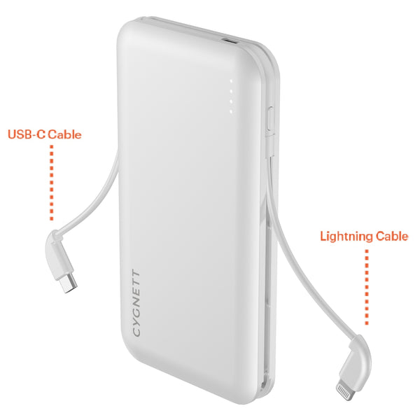 Cygnett ChargeUp Pocket 2nd Gen 10K mAh Power Bank with Integrated Lightning (MFi) & USB-C Cable - White (CY4547PBCHE), Up to 2.0 Phone Charges