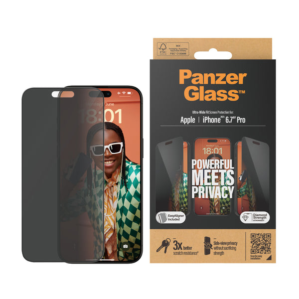 PanzerGlass Apple iPhone 15 Pro Max (6.7') Privacy Screen Protector Ultra-Wide Fit - Clear (P2812), Scratch & Shock Resistant, Drop Protection, 2YR