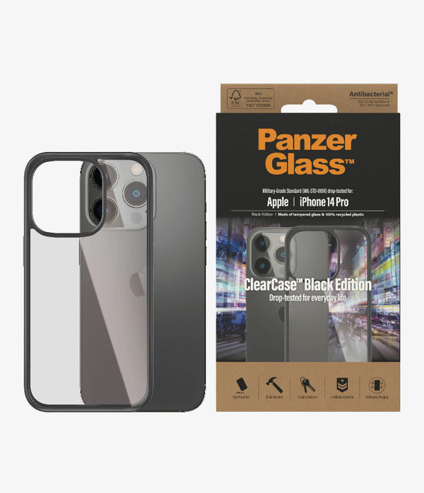 PanzerGlass Apple iPhone 14 Pro ClearCase - Black Edition (0406), 2X Military Grade Standard, Wireless charging compatible, AntiBacterial, 2YR