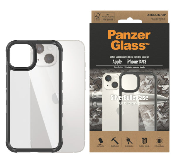 PanzerGlass Apple iPhone 14 / iPhone 13 SilverBullet Case - Black Edition (0421), 4X Military Grade Standard, AntiBacterial, Anti-Yellowing