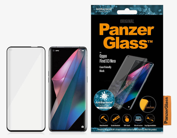 PanzerGlass OPPO Find X3 Neo (6.55') Screen Protector - Black (7076), AntiBacterial, Scratch Resistant, Shock Resistant, Curved Edges, 100% Touch