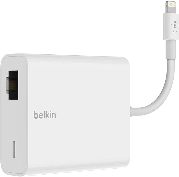 Belkin Ethernet + Power Adapter with Lightning connector - White(F8J227dsWHT),MFi certified,Ethernet + Charge dual functionality,up to 180 mbps