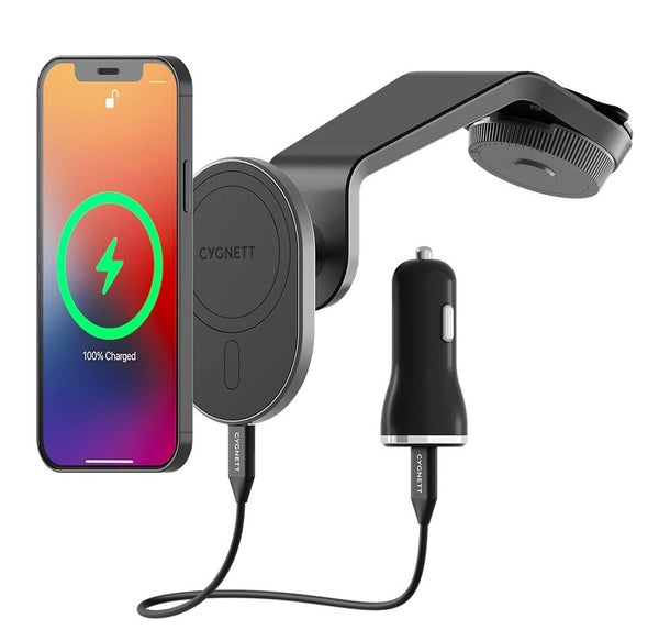 Cygnett Maghold Magnetic Car Wireless Charger 15W - Window - Black(CY3767WLCCH),Qi & Magsafe Compatible,20W Power Adapter,1.5M Cable,Ring included