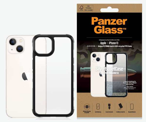 PanzerGlass Apple iPhone 13 SilverBullet ClearCase - Black Edition(0319),AntiBacterial,3xMilitary Grade Standard,Anti-yellowing,Magsafe Compatible,2YR