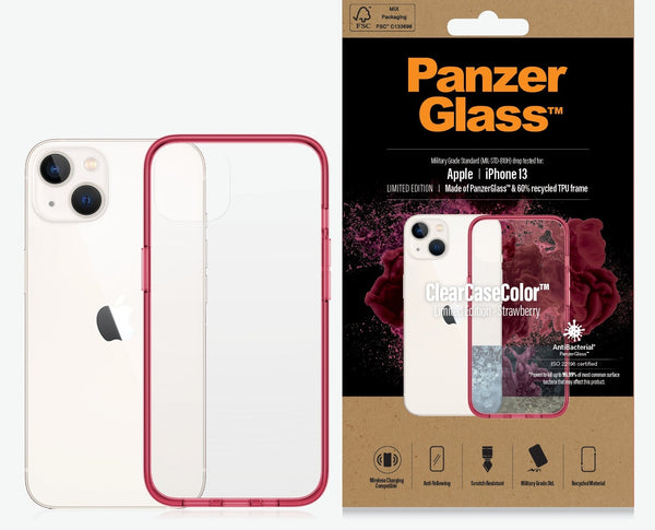 PanzerGlass Apple iPhone 13 ClearCase - Strawberry Limited Edition (0335), Military Grade Standard,Anti-Yellowing,AntiBacterial, Scratch Resistant,2YR