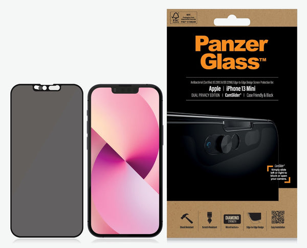 PanzerGlass Apple iPhone 13 Mini CamSlider Dual Privacy Screen Protector - Black (P2747), AntiBacterial, Scratch Resistant, Edge-to-Edge