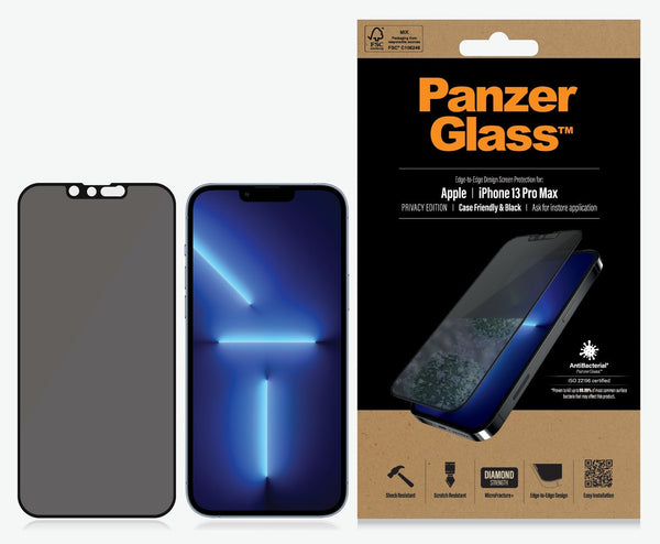 PanzerGlass Apple iPhone 13 Pro Max Privacy Screen Protector - Black (PROP2746), AntiBacterial, Scratch Resistant, Shock Resistant, Edge-to-Edge