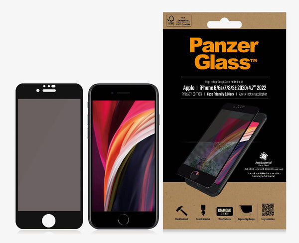 PanzerGlass Apple iPhone SE (3rd & 2nd Gen) and iPhone 8/7/6s/6 Screen Protector - (P2679), Black Privacy Glass, Resistant to Scratches and Bacteria