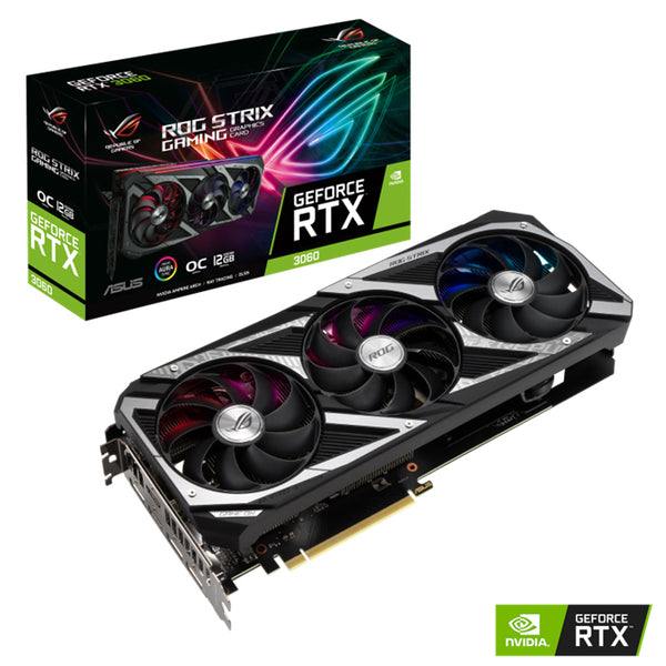 ASUS nVidia GeForce ROG-STRIX-RTX3060-O12G-V2-GAMING RTX 3060 V2 12GB GDDR6 OC Edition, 1912 Mhz Boost, 2xHDMI, 3xDP, 3rd Gen Tensor Cores (LHR)