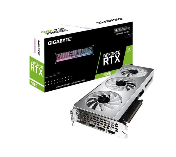 Gigabyte nVidia GeForce RTX 3060 VISION OCV2 12GD rev 1.0 GDDR6 LHR Video Card, PCI-E 4.0, 1837 MHz Core Clock, 2x DisplayPort 1.4a, 2x HDMI 2.1